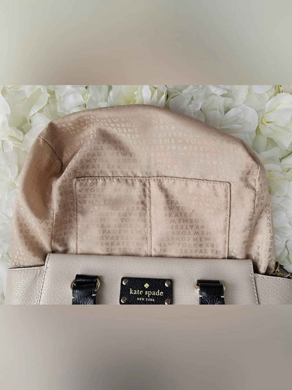 Kate Spade New York Two Tone Leather Satchel Crossbody Bag Beige Black